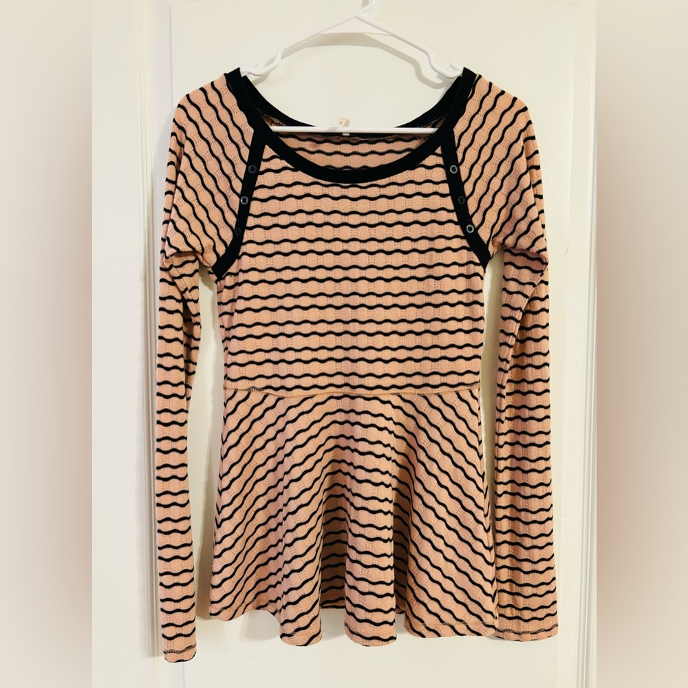 FP Peach and Black ZigZag Striped Peplum Top.